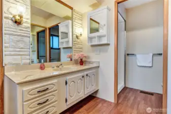 Primary bathroom has a new toilet & new fan.