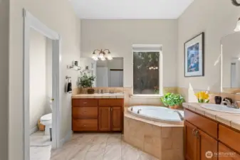 Well Appointed Bath Off Primary w/ Soaking Tub & Separate Shower Features Dual Sink Basins