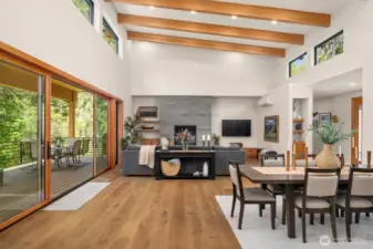 Living space with vaulted open-beam ceilings and clerestory windows. Quality Anderson windows throughout.