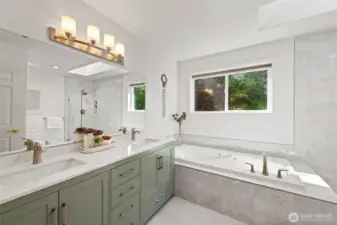 Recently renovated master bathroom, isn't the tile pattern amazing?