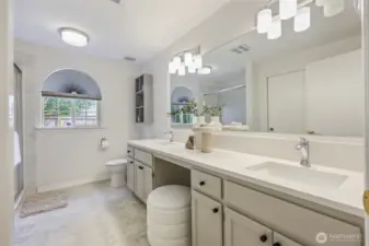 Updates in 2022 include new quartz counters & lighting. The low barrier shower features a cultured marble surround.