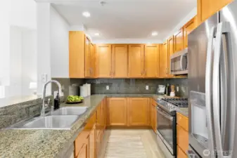 The kitchen is super functional- there is a ton of cabinet and counter space here!