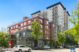 The building from the street- #1108 is in the high-rise tower, and the rooftop patio is on the 6th floor roof of the lower tower.  Great views and lovely outdoor spaces.