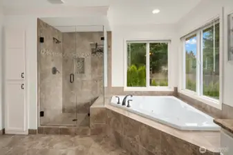 A stunning walk-in shower with designer tile and a sunlit soaking tub framed by a large window create an unparalleled spa experience right at home.