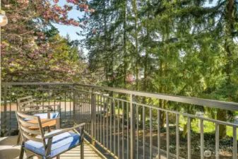 Enjoy morning sunshine on the private deck just off the living room.