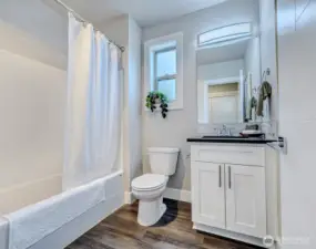 Guest full bath is beautifully appointed.