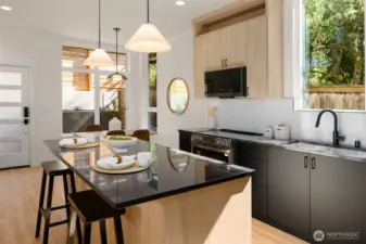 Oversized island with pendant lighting.