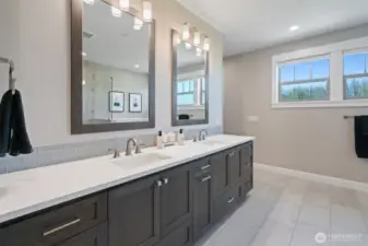 Spa-like bathroom with double sinks, custom lighting and new Moen faucets