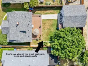 Bird's eye view showing the great backyard, deck, and newer roofs.