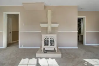 Propane stove in living room, main level bed to right and entrance to hallway on left