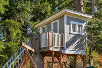 Treehouse with electricity and swings/playground below