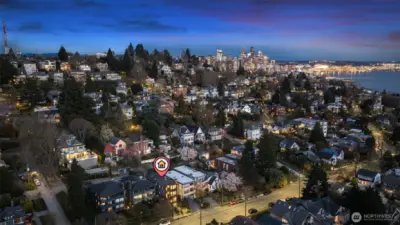 Drone shots showing cityscape and Elliott Bay
