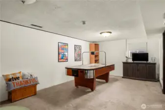 Expansive recreation room offers plenty of space for games, entertainment, or a home theater setup. Neutral tones and durable carpeting make it ready for everyday use—perfect for hosting, relaxing, or giving teens and guests their own hangout area.