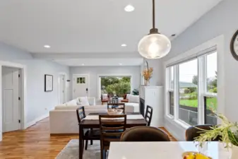Looking back over the living room with the bedroom doors on the left