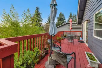 Spacious back deck overlooking the terrace back yard and scenic territorial view. Also the siding on the back of the house is new.