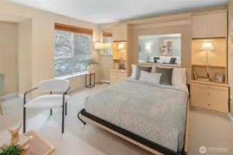 Tuck in and unwind—this Murphy bed setup is flanked by built-ins and lighting, making bedtime both practical and beautiful.