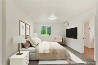 Virtually staged primary bedroom with AC and en-suite bath