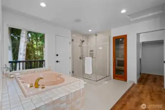Cedar sauna, walk-in shower, and oversized soaking tub offer true retreat vibes in the primary bath.