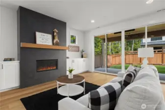 Flanked Cabinetry with Tile Surround Fireplace