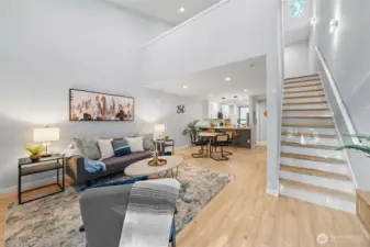 Head up the stairs to the loft bedroom or main bedroom