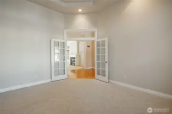 Inside the office at the front of the home. Looking into the entry and living room.