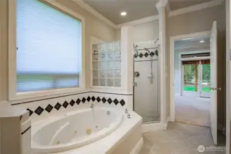 Primary tub and shower. Walk-in closet to the right in the foreground.