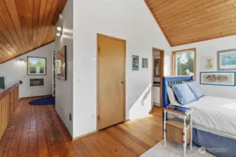 Fun loft for sleepovers... two separate sleeping areas with shared bathroom between.