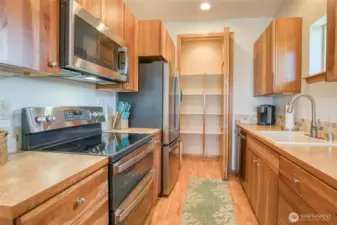 Double oven and glass cooktop stove, microwave, dishwasher and refrigerator are included. Large pantry.