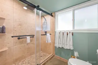 Primary ensuite has newly remodeled walk-in shower with two shower heads