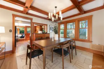 A custom fir box beam ceiling rounds out this elegant dining room
