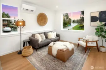 Living room enjoys heating/cooling option.