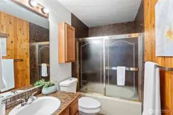 The full bathroom features brand new flooring, new toilet and new basin and faucet.