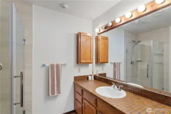 The primary bathroom with a brand-new walk-in shower, new toilet and new basin with new faucet.