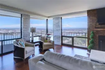 Living room with floor to ceiling windows