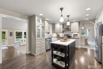 Kitchen with leaded glass cupboard.