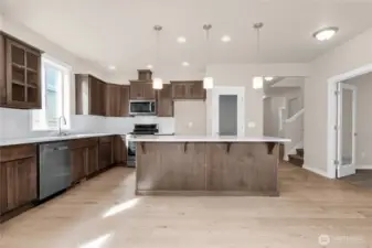Kitchen features Cocoa-stained Maple Cabinets and Quartz countertops and a large pantry  with frosted glass door.