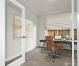 Virtually staged photo of office/den for illustration only.
