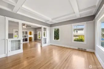 Oversized Living Room with coffered ceiling