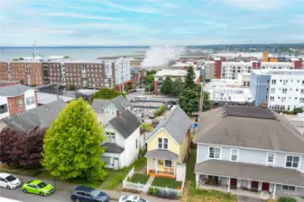 Aerial view highlighting proximity to Bellingham Bay, scenic walking trails, and beautiful new waterfront parks.