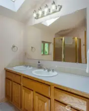 Primary bedroom ensuite bath with skylight allows the natural light to flood in