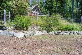 Large raised beds planted with apple, pear and fig trees as well as multiple perennial berries