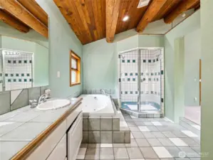 Primary Bath with Soaking Tub and Walk In Shower.