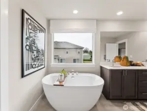 Beautiful soaking tub by the window. Photo is representational. Actual home is under construction and finishes and colors will vary. See site agent for details.