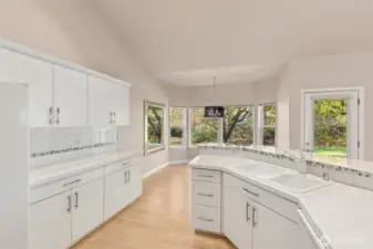 Another view of kitchen towards dining area and private backyard.