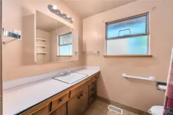 Main floor hall bath has large vanity and linen closet to store all of your products.