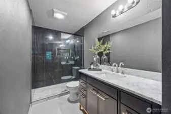 Sleek bathroom with large-scale tile walk-in shower