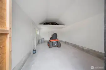 Finished garage with loft storage
