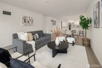 Blended living and dining area is perfect for larger gatherings.