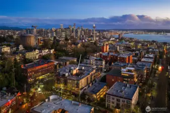 Cityscape view of downtown and the Sound.