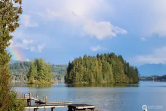 Fall views of the islands and rainbow from the dock.